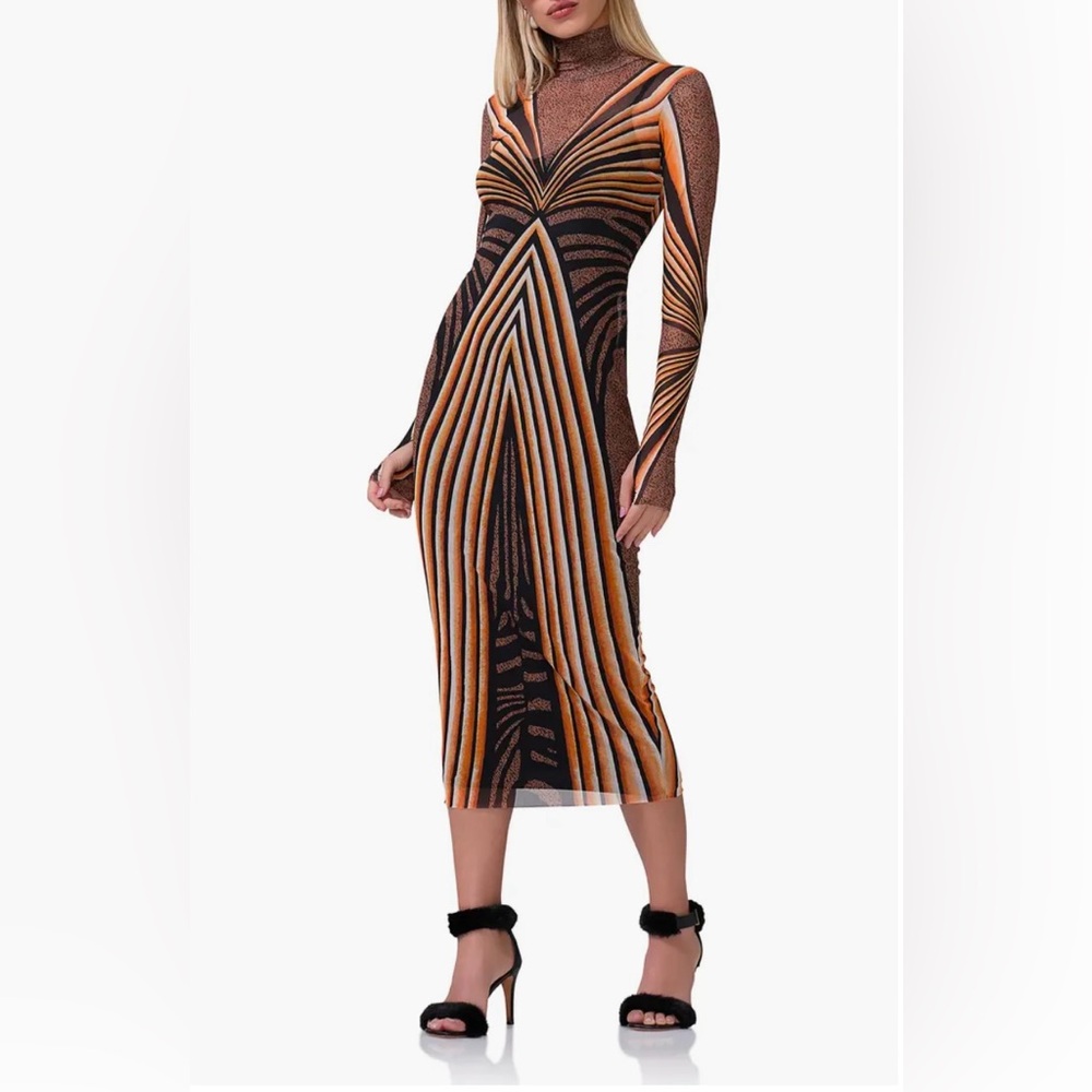 Gauzy Knit Printed Turtleneck Dress